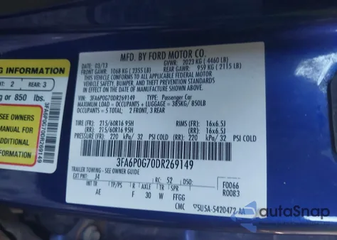 2013 Ford Fusion S из США, поврежденный, VIN 3FA6P0G70DR269149